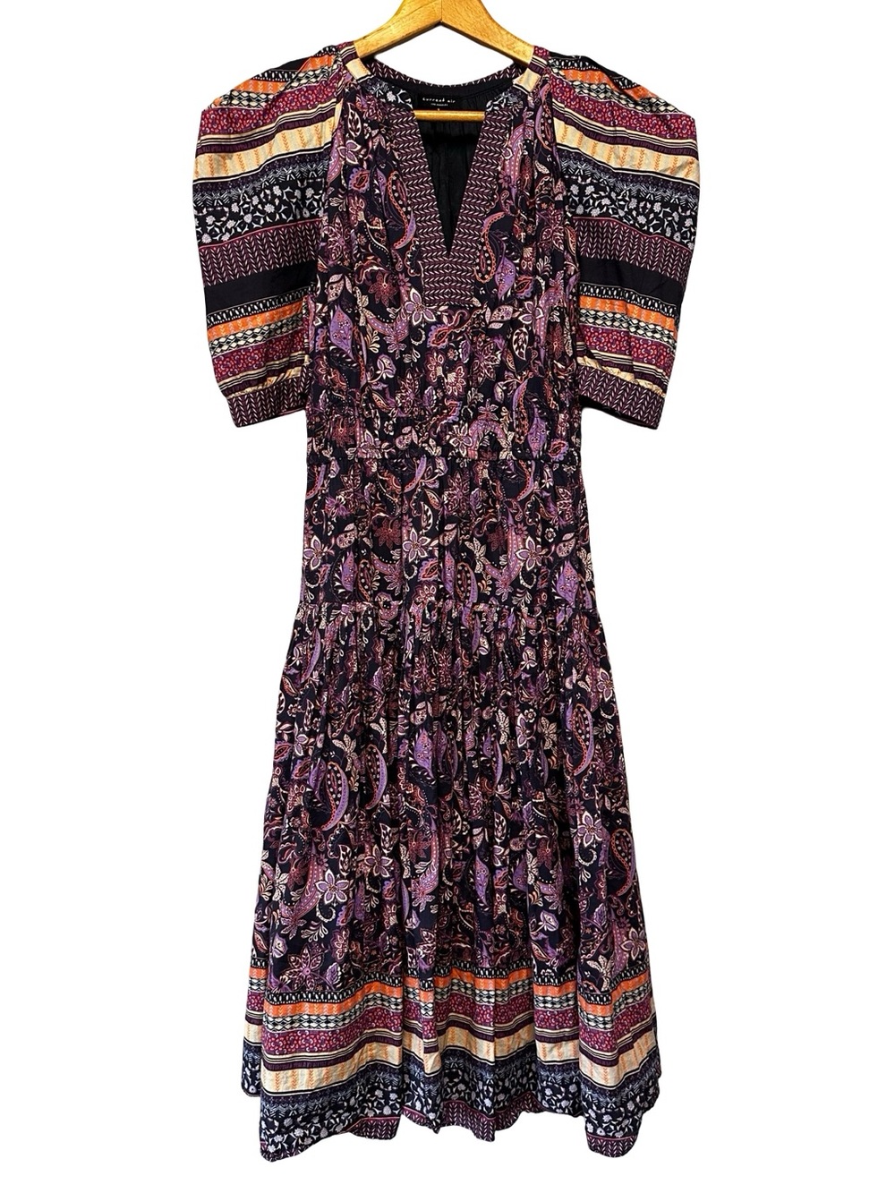 Current Air Paisley Puff Sleeve Midi Dress SZ  Small Purple Floral Cottagecore